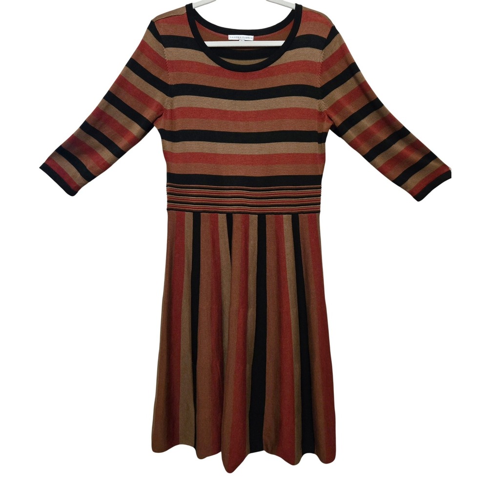 Sandra Darren Womens L Chic Striped Fit and Flare Sweater Dress‎ Rust Black Tan